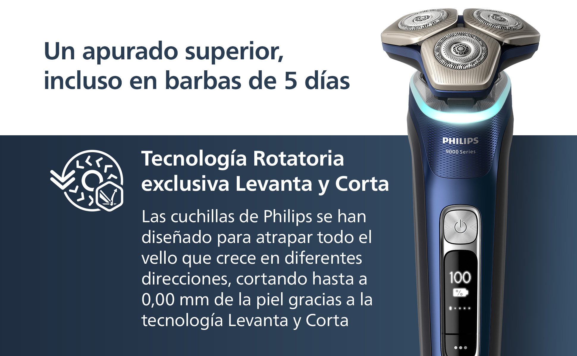 Afeitadora eléctrica azul y plateada con texto en español y la marca Philips a la derecha.