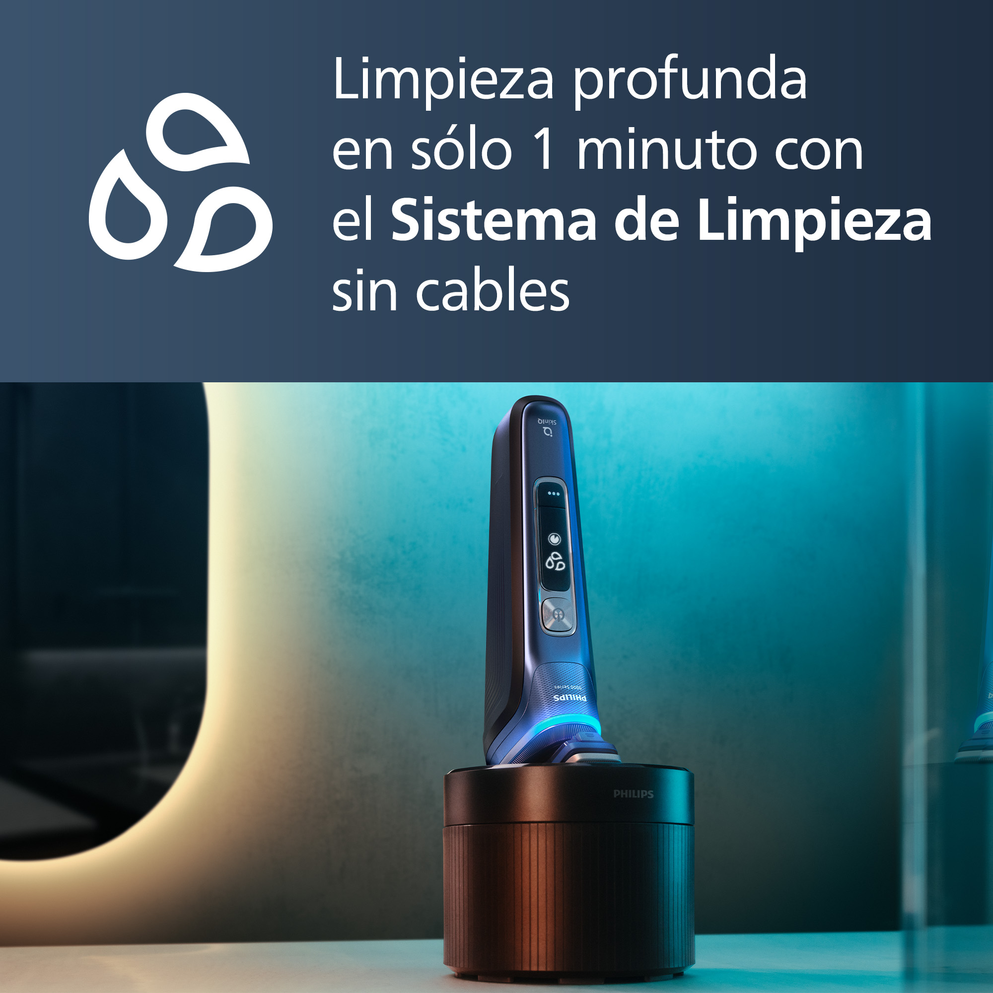 Afeitadora eléctrica en un soporte con texto: Limpieza profunda en 1 minuto.