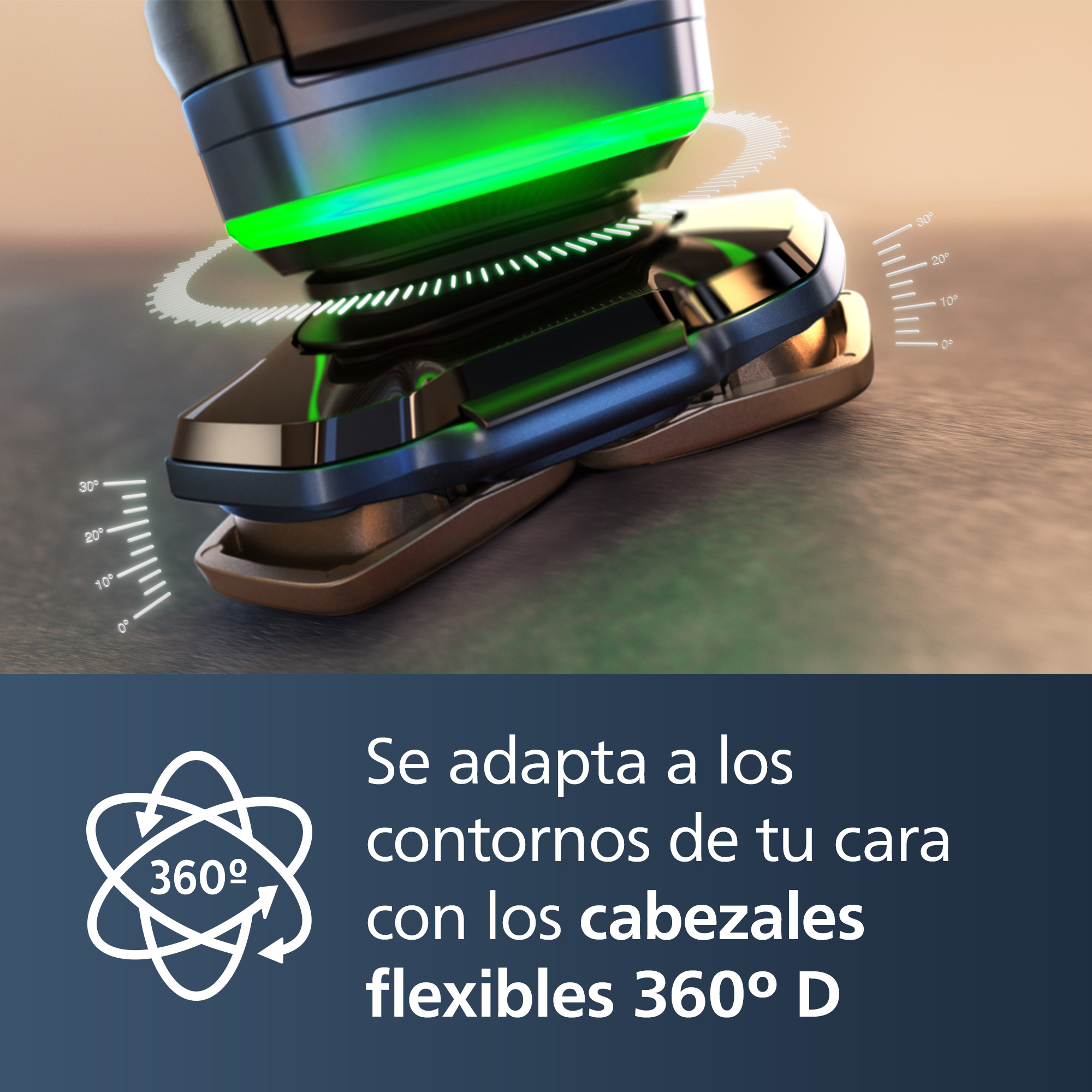 Primer plano de un cabezal de afeitadora con una luz verde, en ángulo con líneas de contorno y texto.