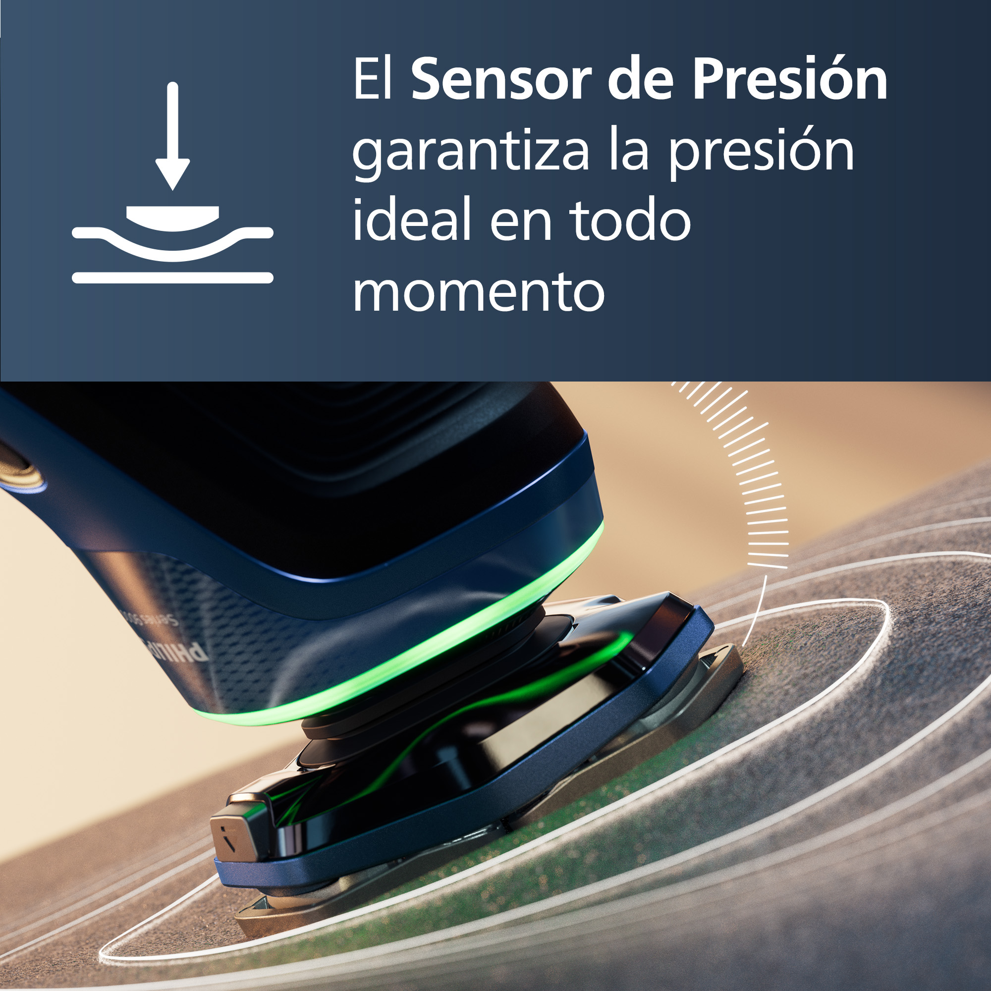 Primer plano de afeitadora con luz verde, texto sobre sensor de presión.