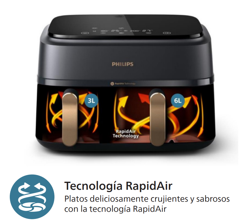 Una freidora de aire con dos compartimentos. El texto en español indica que utiliza la tecnología RapidAir.