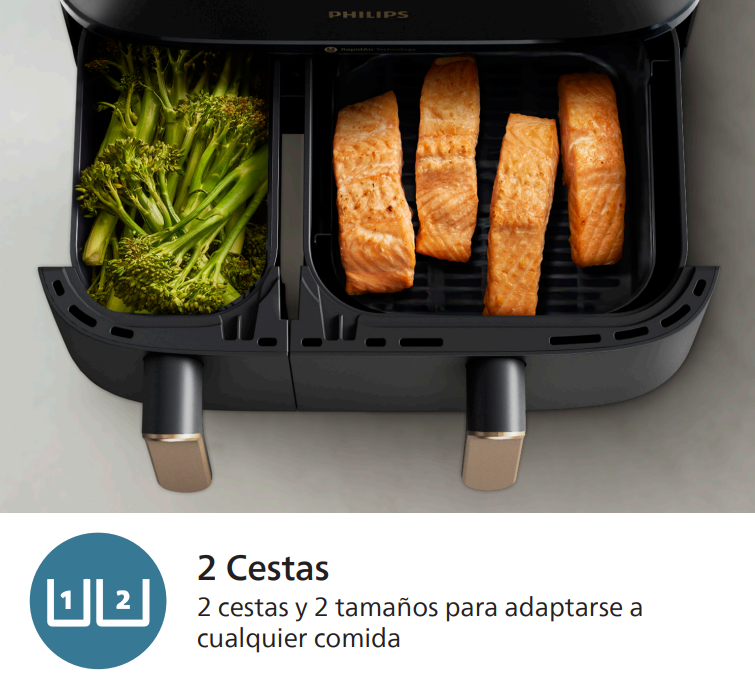 Una freidora de aire con dos cestas llenas de salmón y brócoli. El texto dice '2 Cestas'.