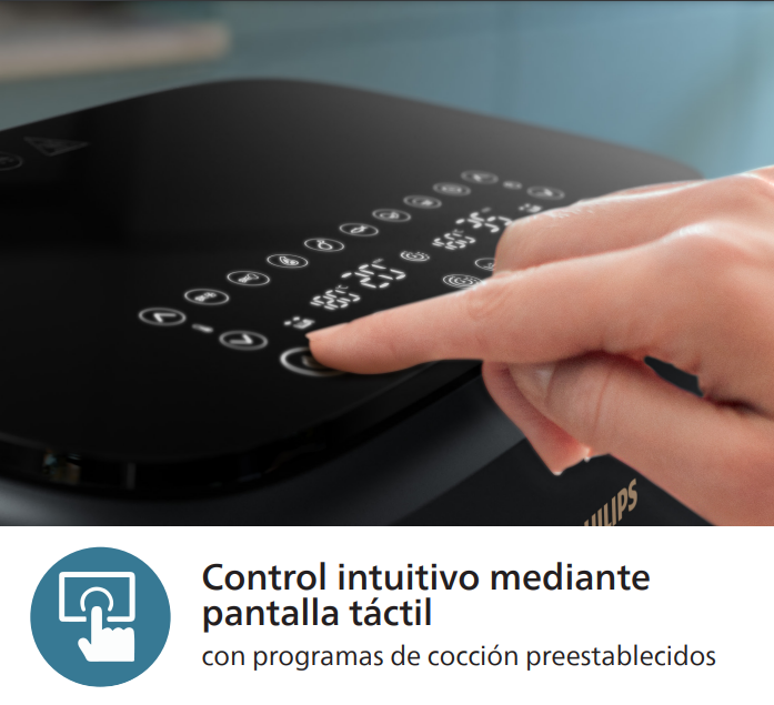 Mano tocando un electrodoméstico negro. Pantalla táctil con programas de cocina. Texto: Control intuitivo.