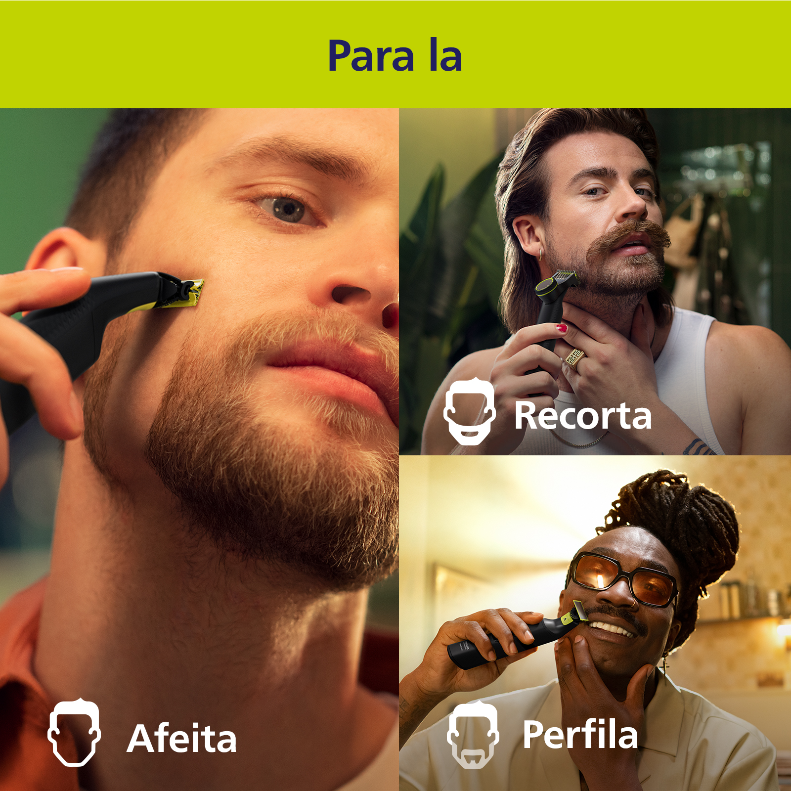 Collage de hombres afeitándose y recortando barbas con una recortadora eléctrica negra y amarilla.