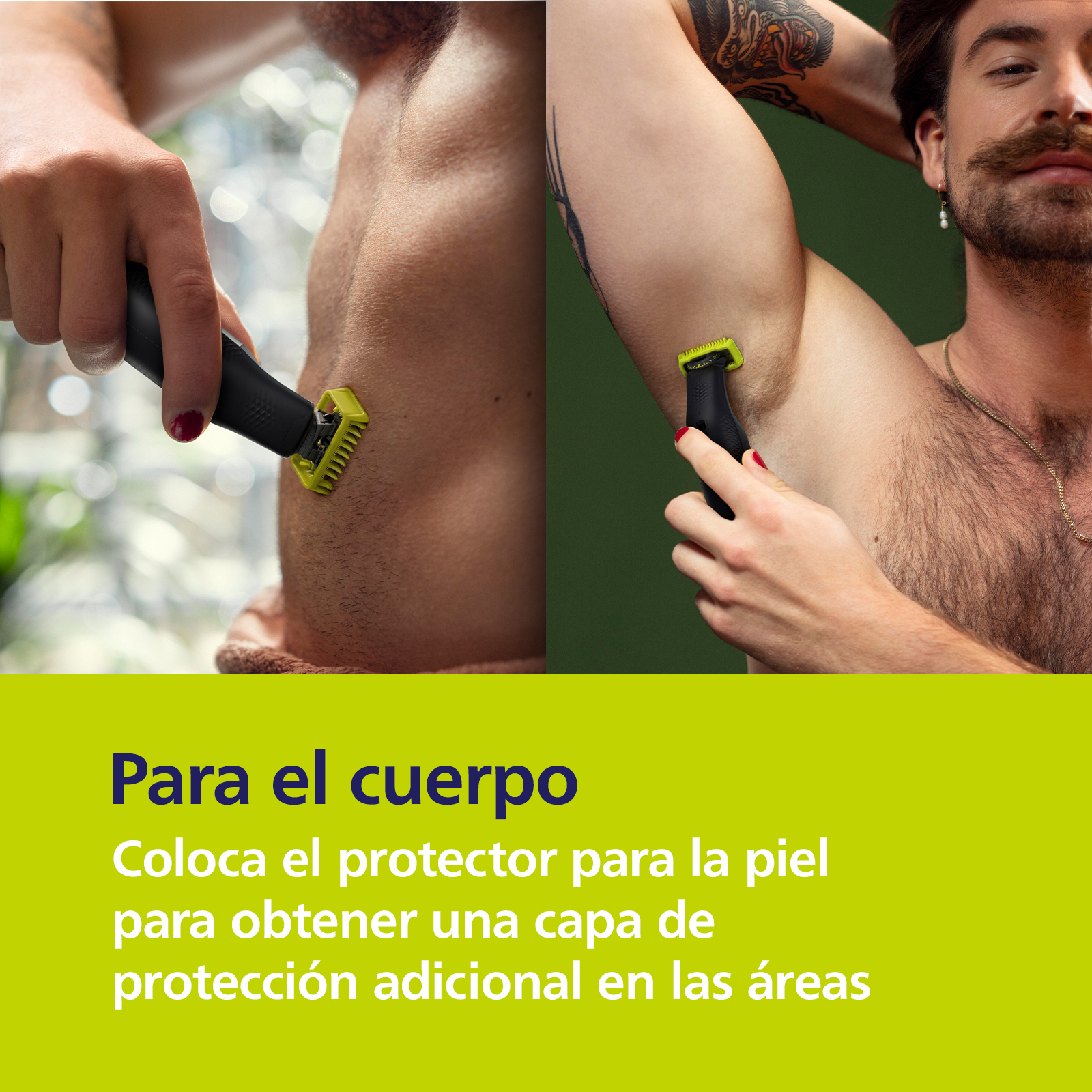 Un hombre se afeita la axila con una recortadora. El texto dice que se use el protector de piel.