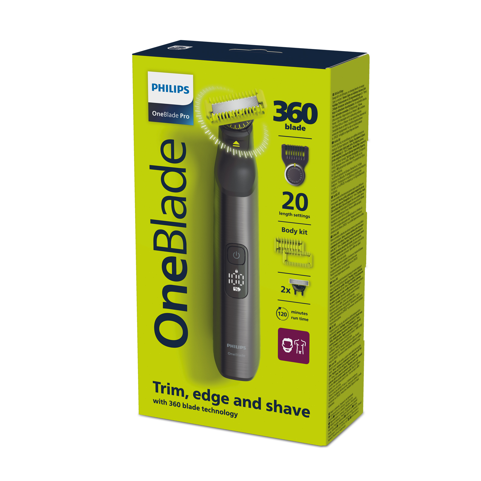Caja del producto Philips OneBlade con texto e imágenes sobre fondo blanco.