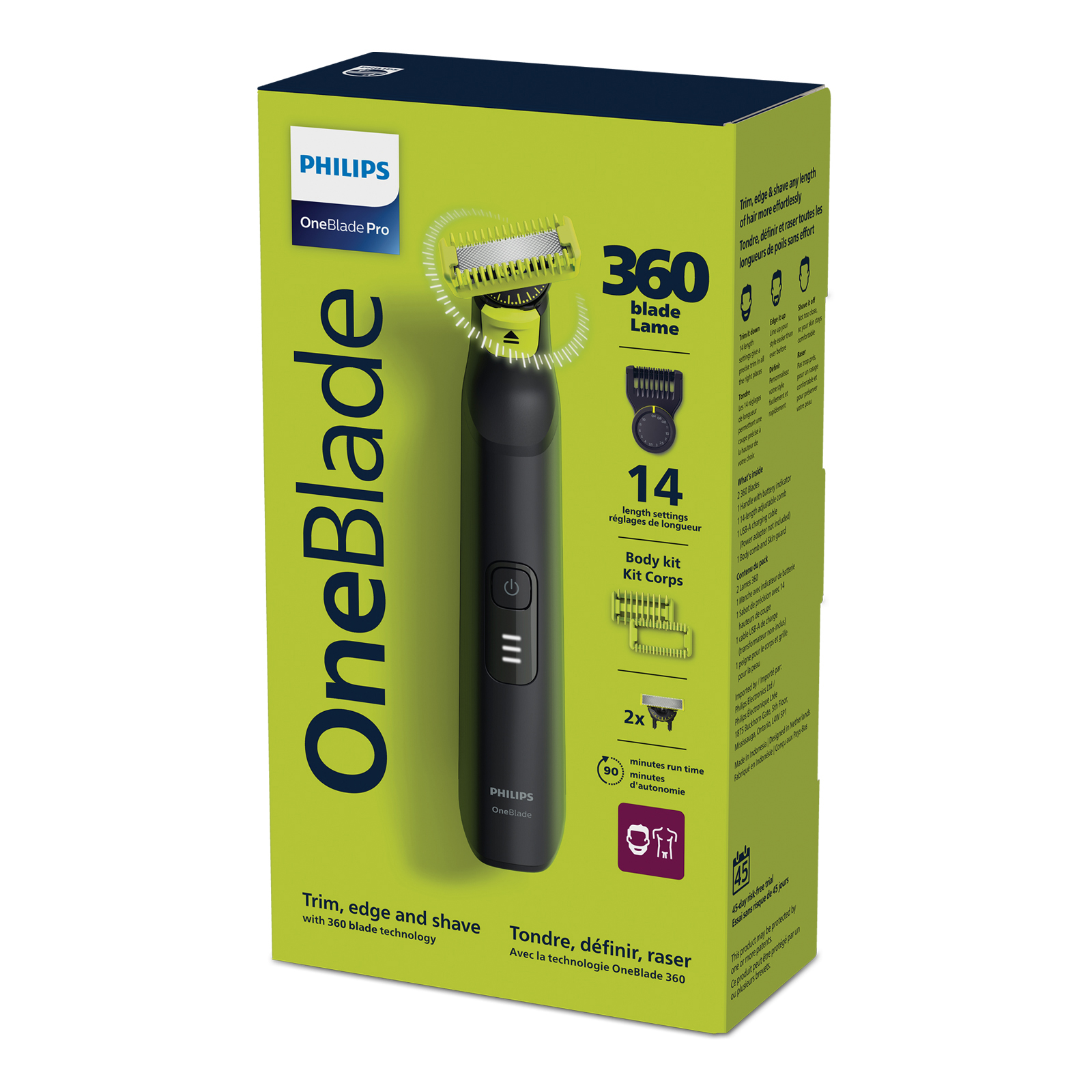 Recortadora OneBlade Philips en caja con texto y características.