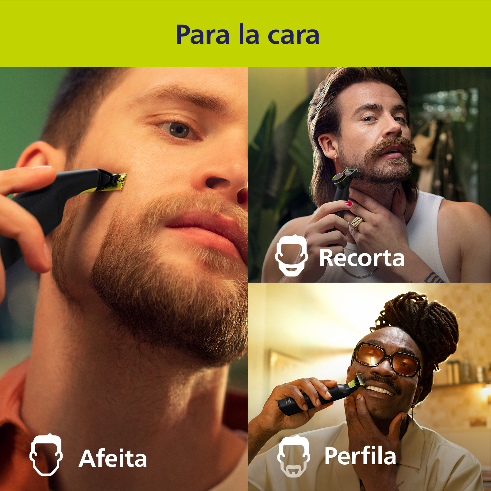 Cuatro imágenes muestran a hombres afeitándose y recortando barbas con un recortador negro y amarillo. Texto en español.