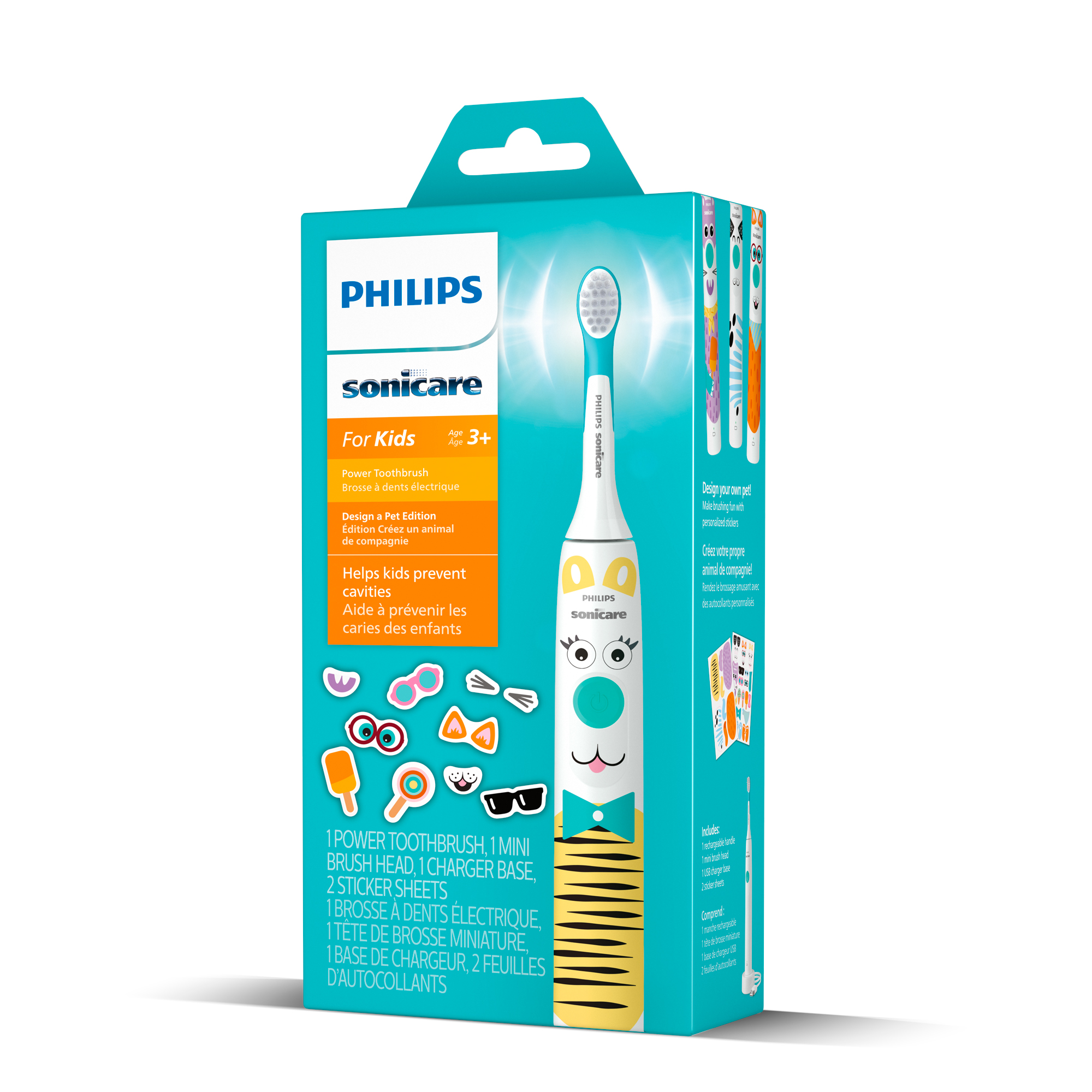 Un paquete de cepillo de dientes para niños. El empaque muestra un cepillo de dientes y pegatinas.