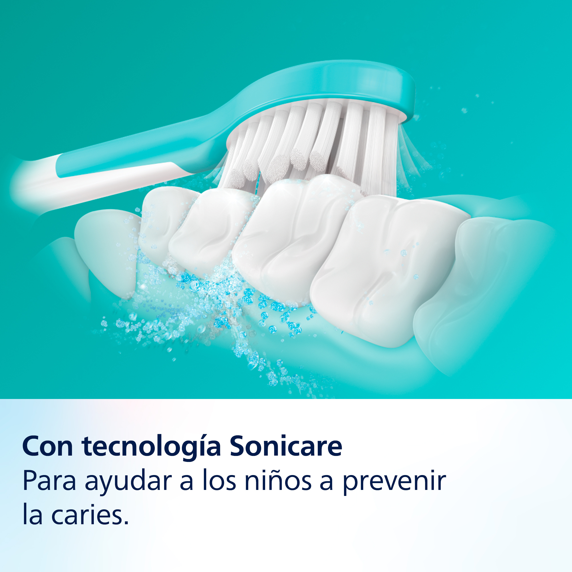 Dientes cepillándose con cepillo azul. Pasta de dientes azul visible.