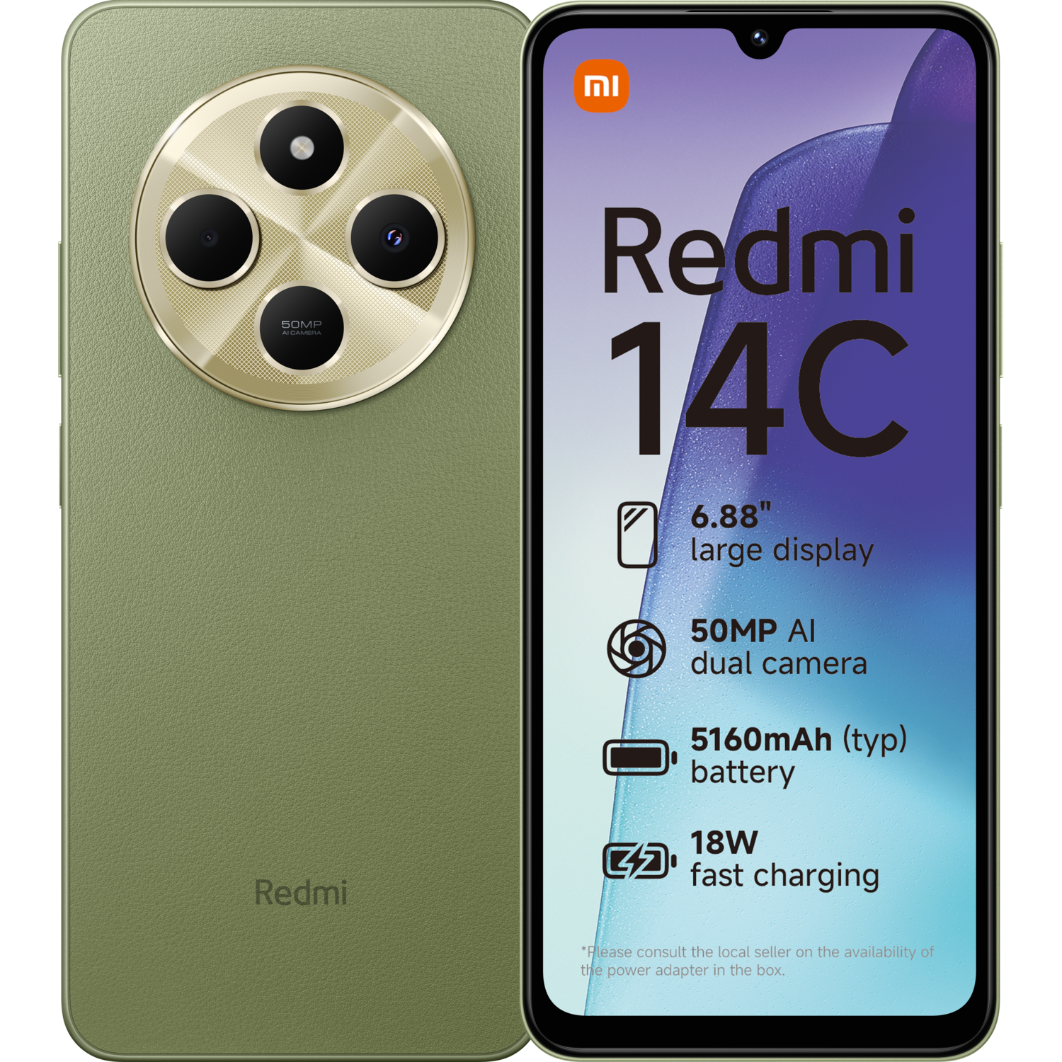 Redmi 14C telefoon, groene achterkant, drie camera's, groot scherm, info tekst.