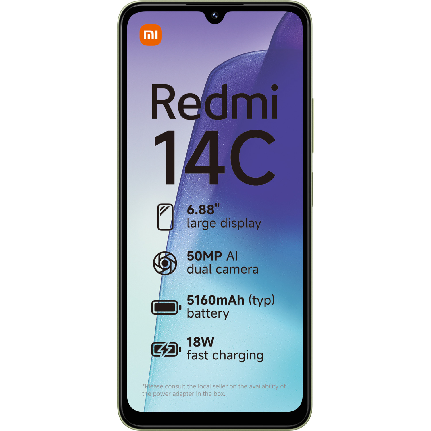Een smartphone met tekst als 'Redmi 14C', met details over het scherm, de camera en de batterij.