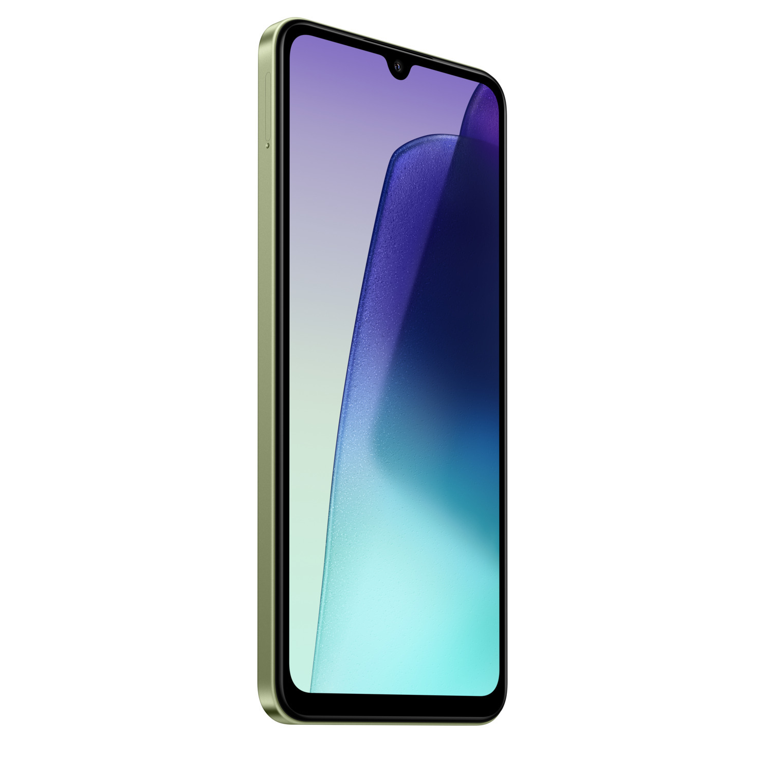 Groene smartphone met groot scherm, met een abstracte paarse en blauwe afbeelding op een witte achtergrond.