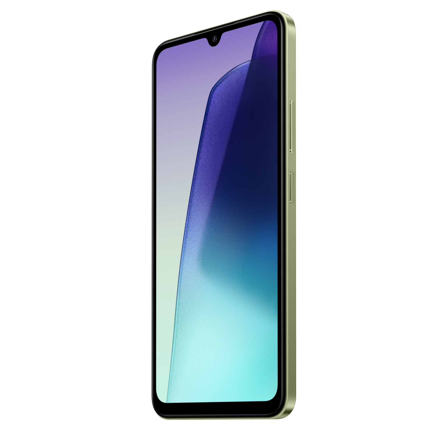 Smartphone met een groene rand, een scherm met een paarse en blauwe gradiënt.