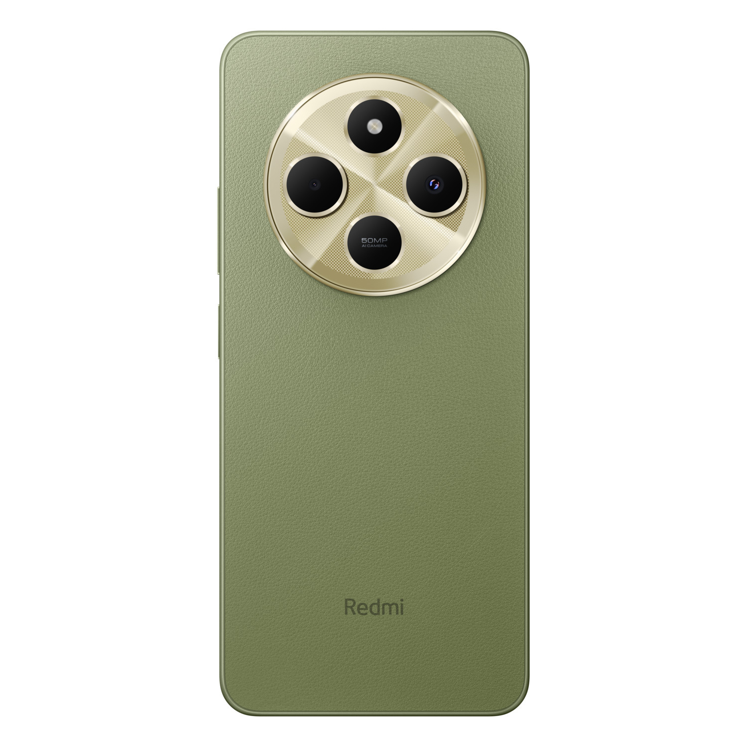 Achterkant van een groene telefoon met gouden cirkelvormige cameramodule en het Redmi-logo.