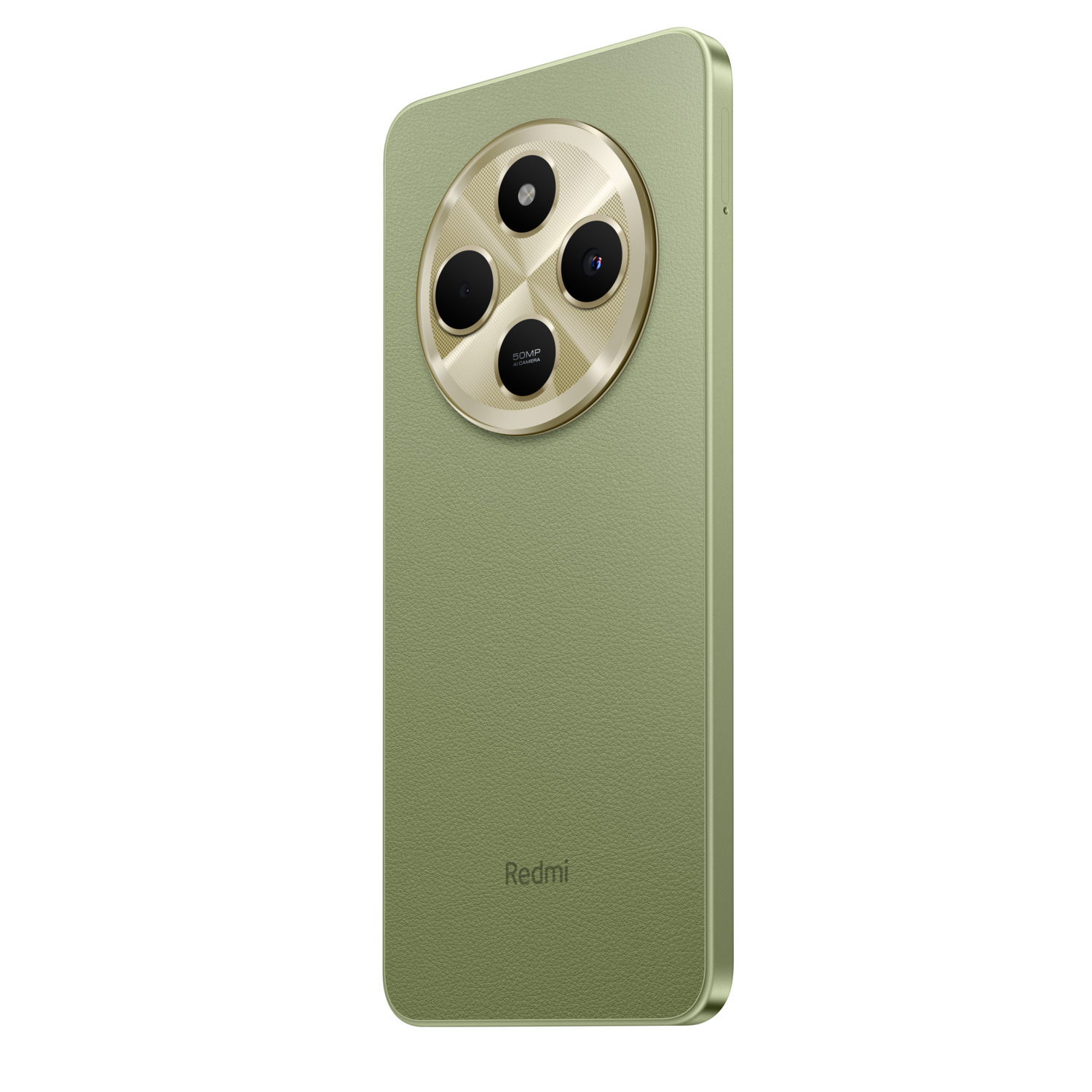 Een groene telefoon met een ronde cameramodule. De module heeft meerdere lenzen en het Redmi-logo.