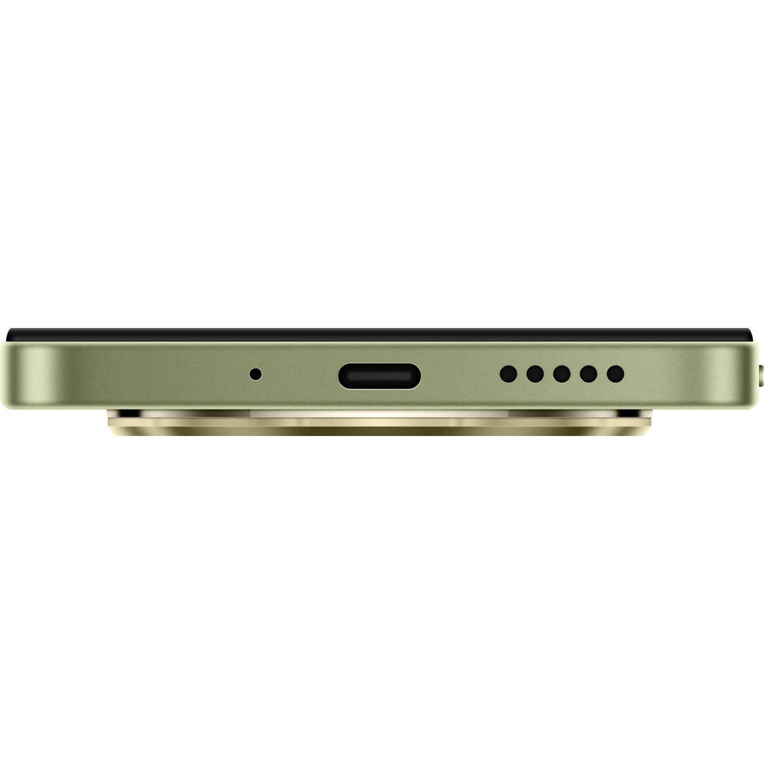 Een groene telefoon, zijaanzicht, met een gouden basis.