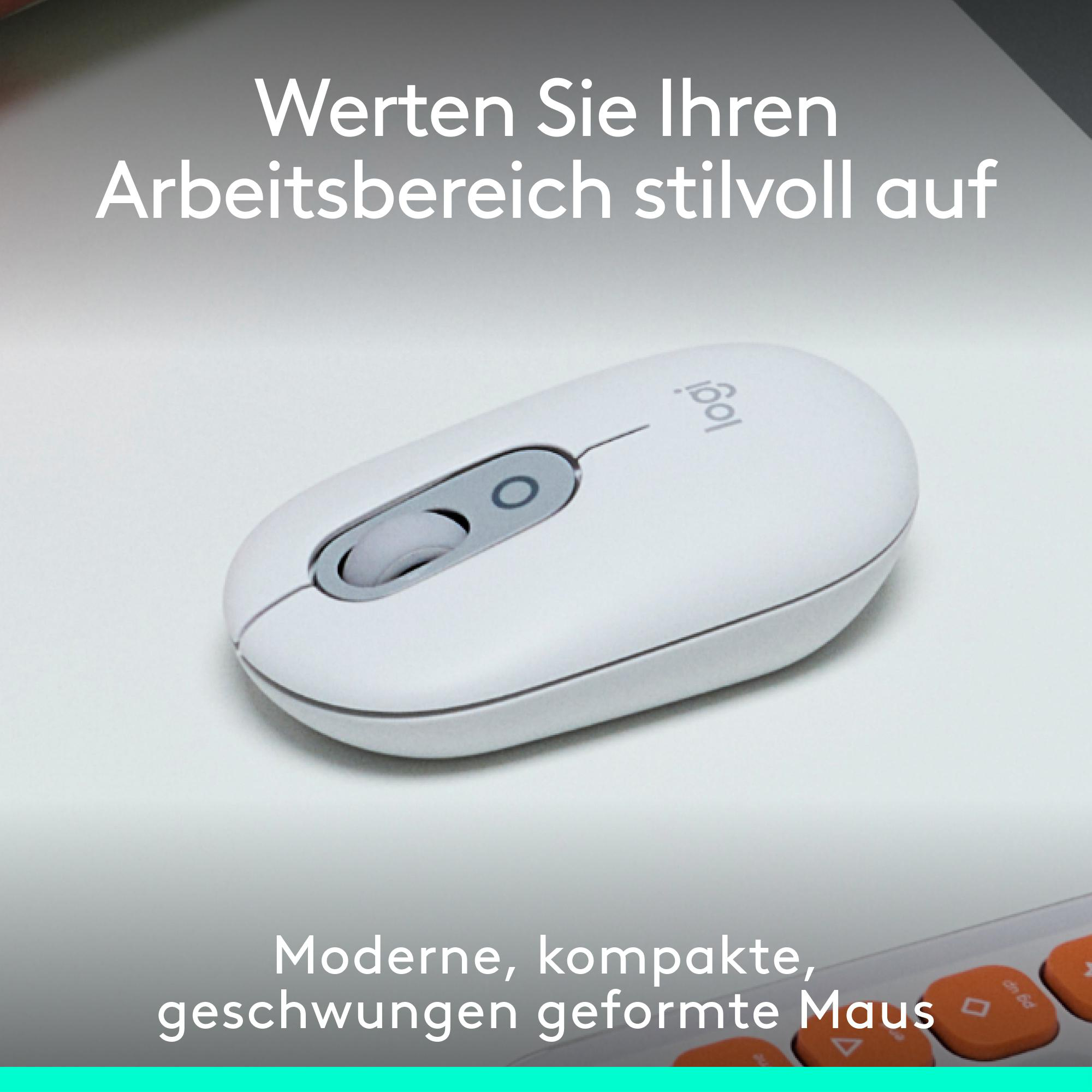 Weiße Maus auf weißer Oberfläche. Text lautet: 'Wertan Sie Ihren Arbeitsbereich stilvoll auf'.
