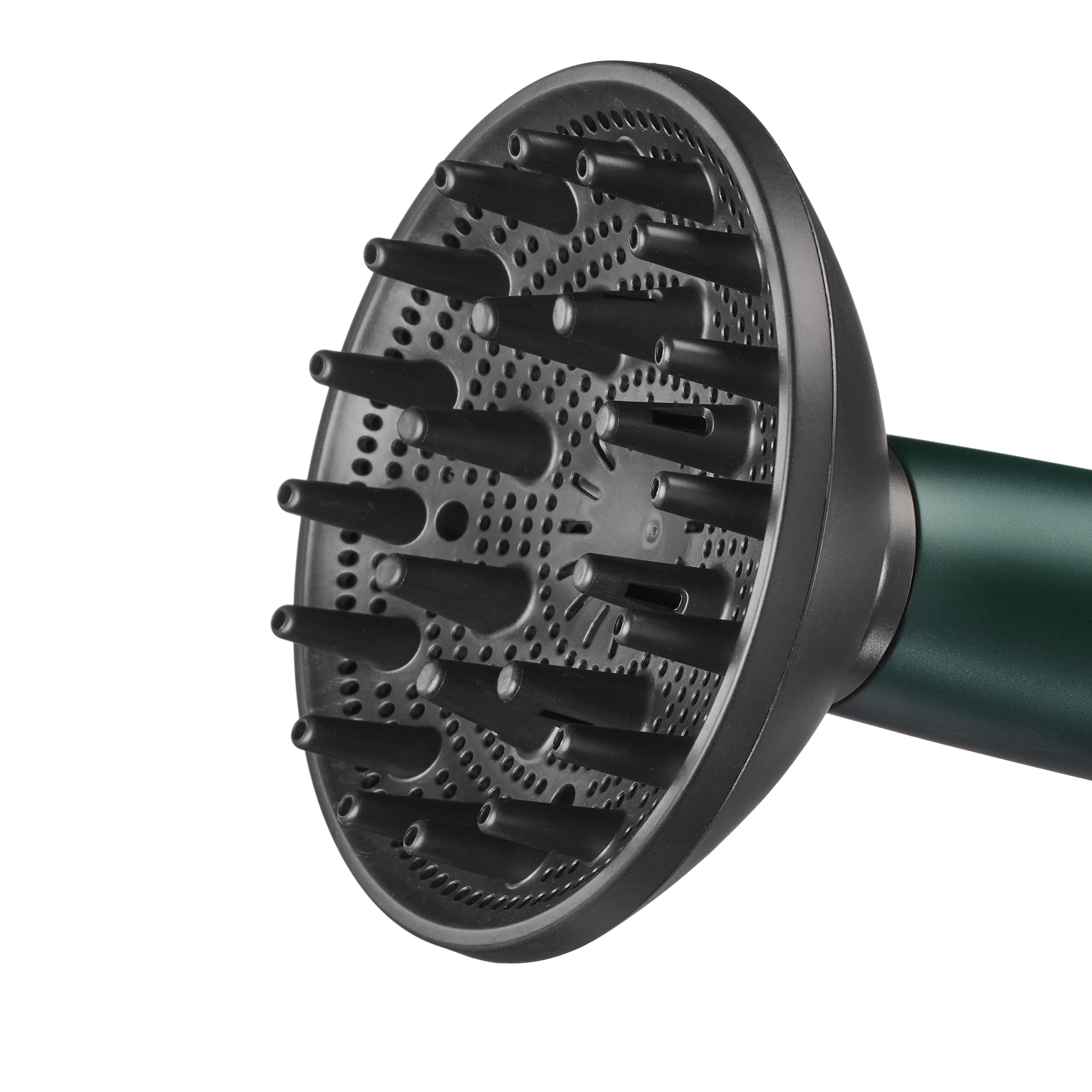 Czarny dyfuzor do suszarki do włosów. Widoczne są liczne, małe, przypominające dysze wypustki.