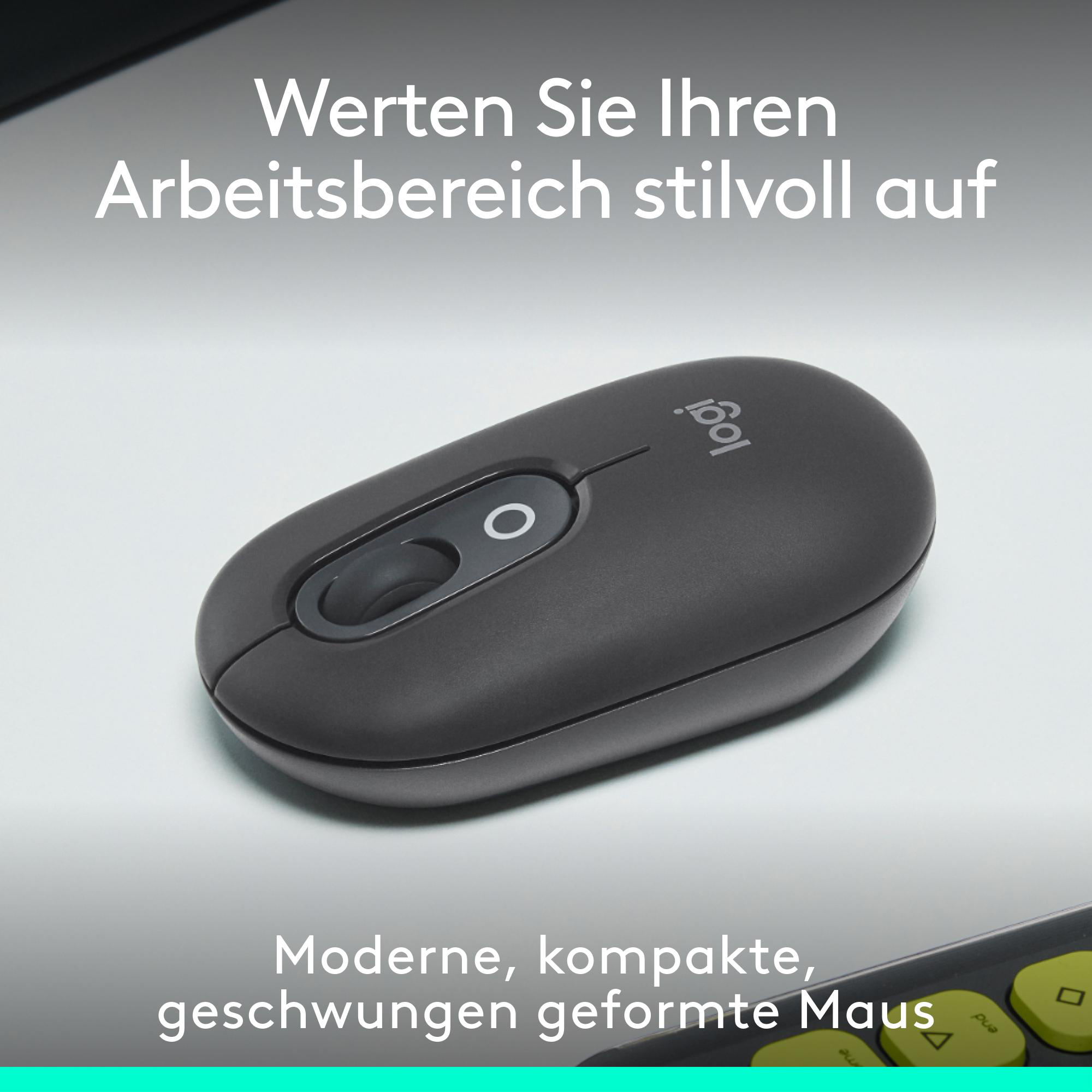 Dunkelgraue Maus auf weißer Oberfläche. Text oben: 'Werten Sie Ihren Arbeitsbereich stilvoll auf'.