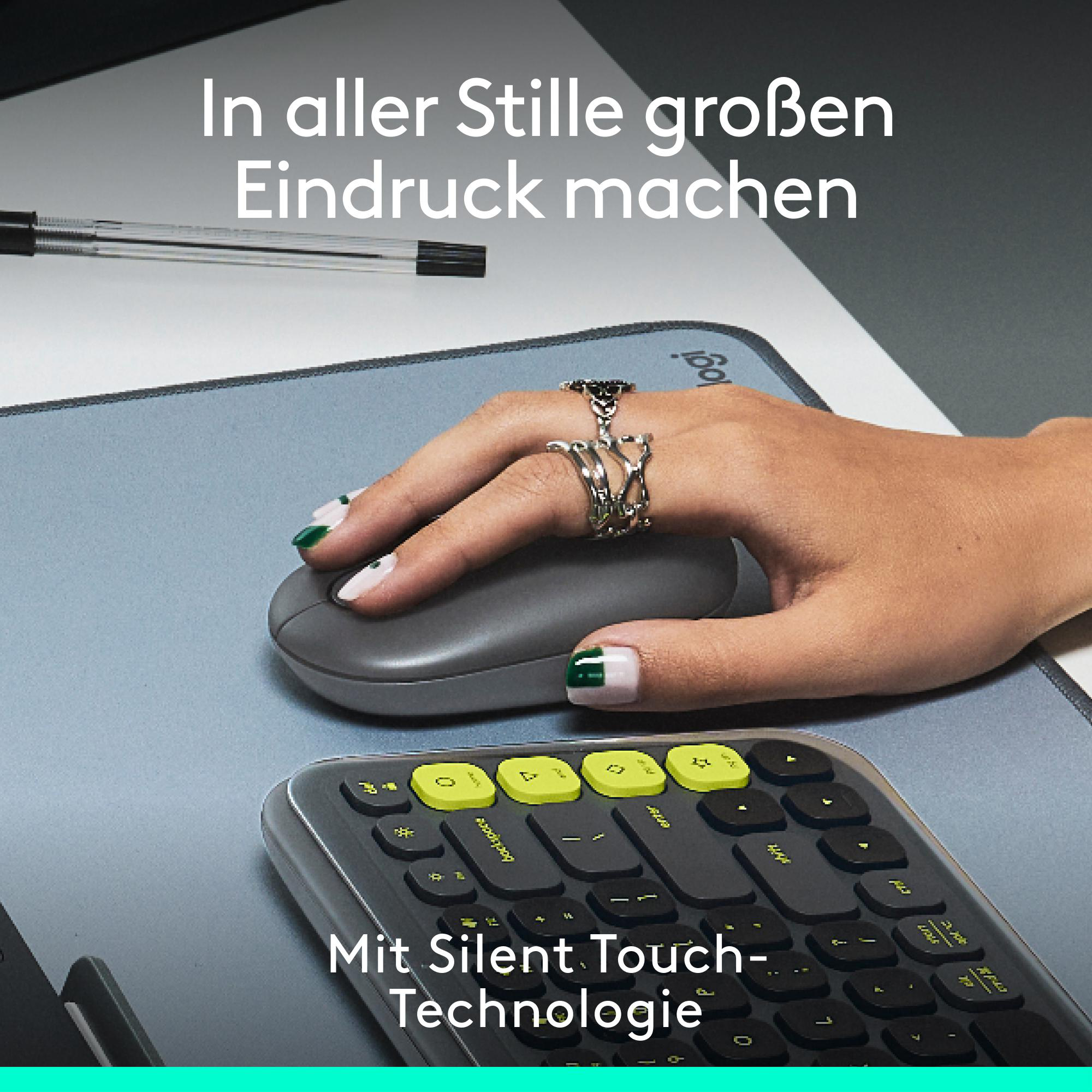 Die Hand einer Person, die eine graue Maus und Tastatur benutzt, mit dem Text: Machen Sie einen großen Eindruck in Stille.