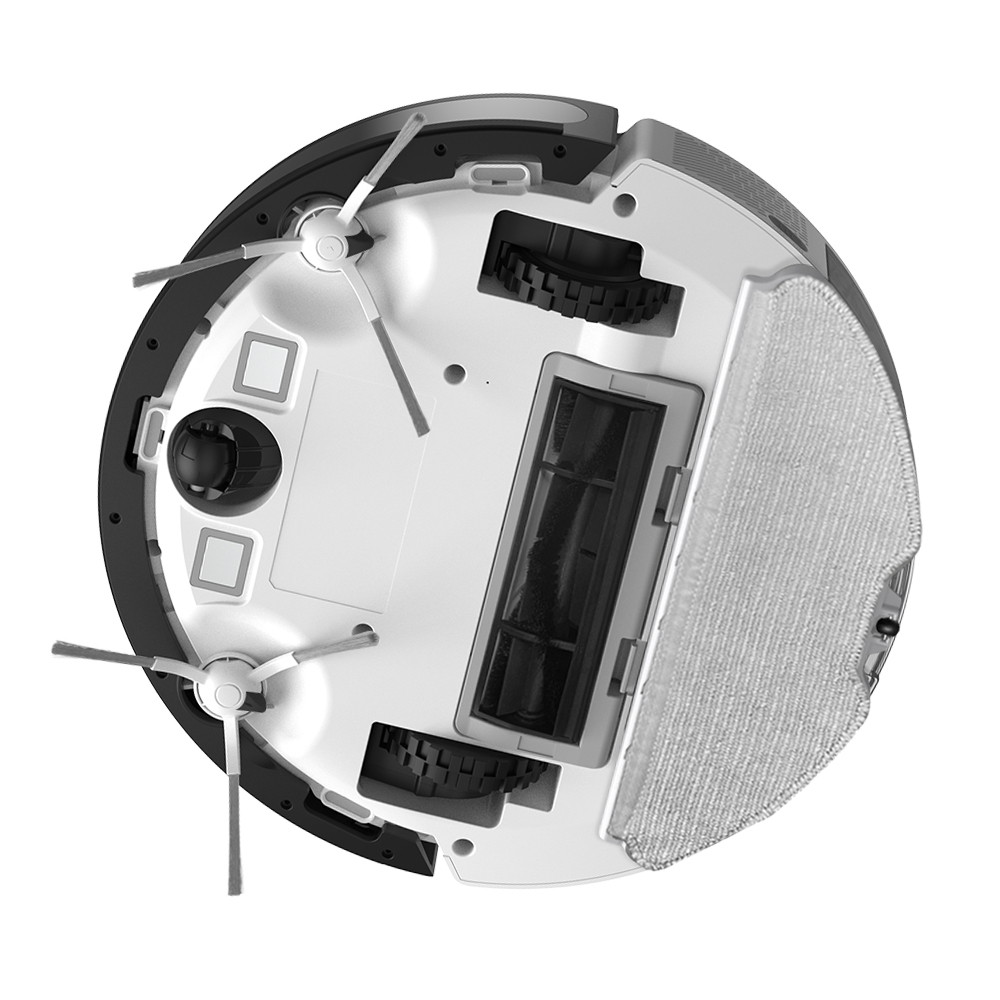 Egy kerek, fekete-fehér robotporszívó alulnézete, amely a keféket és a kerekeket mutatja.