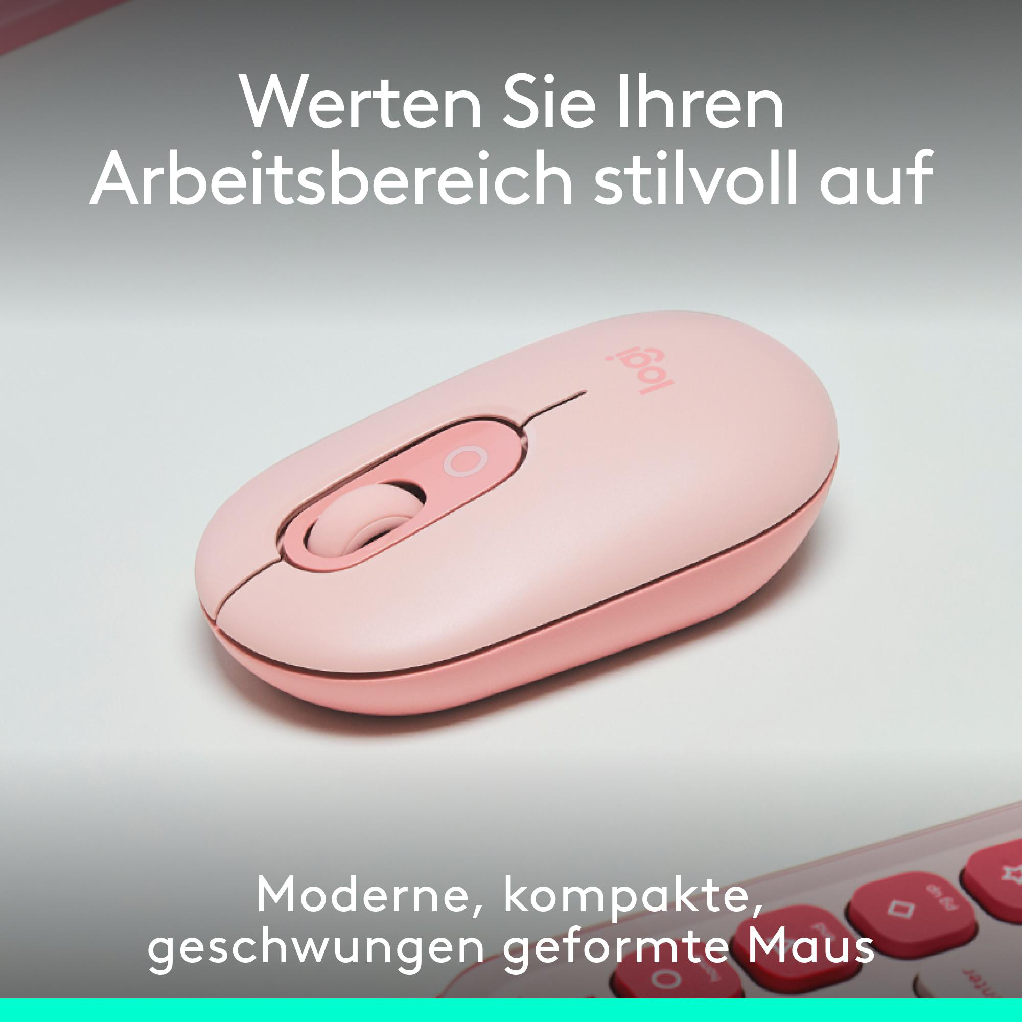 Rosa Logitech-Maus mit Text zur Produktwerbung. Weißer Hintergrund.