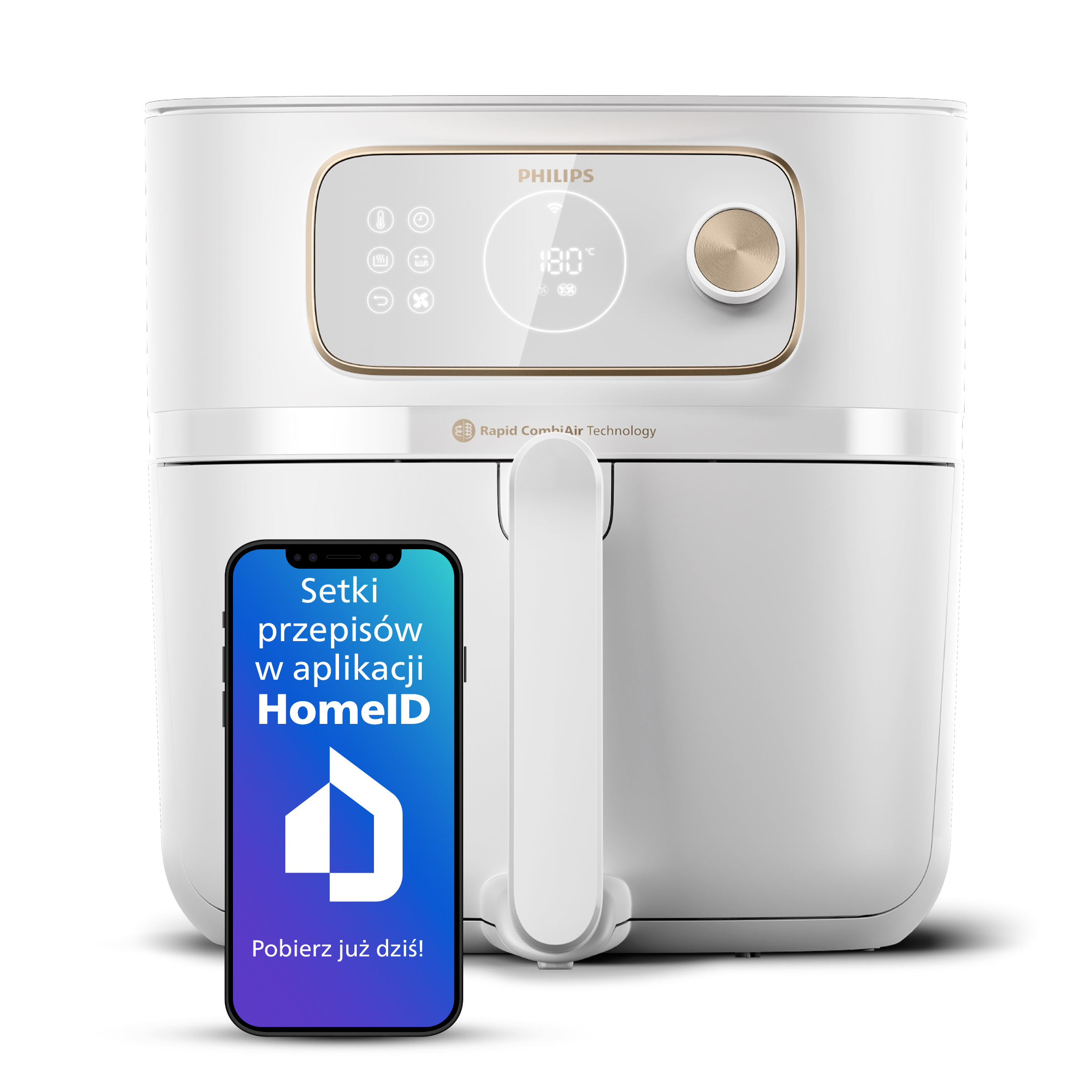 Biała frytkownica powietrzna z wyświetlaczem cyfrowym. Smartfon z ekranem aplikacji. Białe tło. Marka Philips.