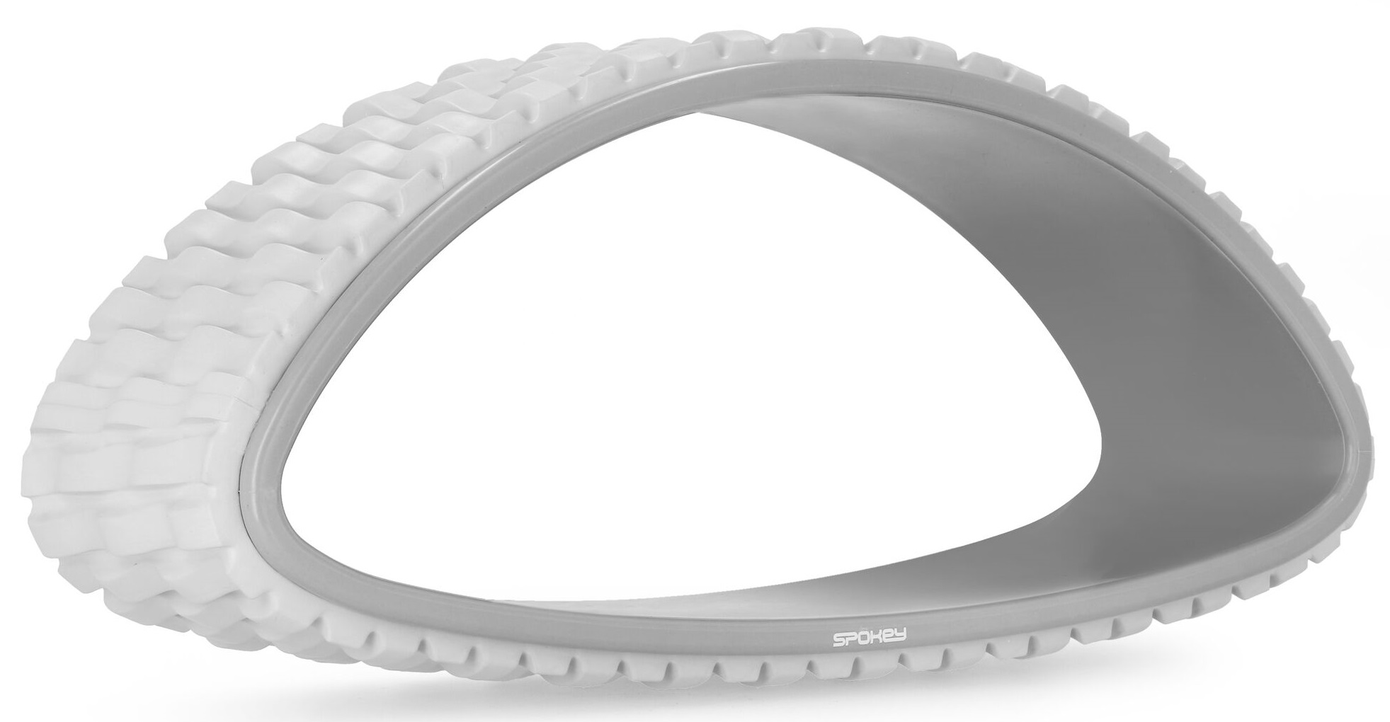 Biały, owalny pierścień fitness z szarym wnętrzem i żebrowanym, białym zewnętrznym brzegiem.