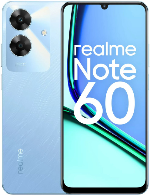 Niebieski smartfon, podwójne aparaty, z tekstem "realme Note 60" na ekranie.