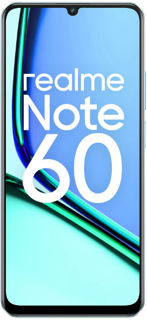 Smartfon Realme Note 60 w kolorze jasnoniebieskim z białym logo na ekranie. Tło ma gradient.