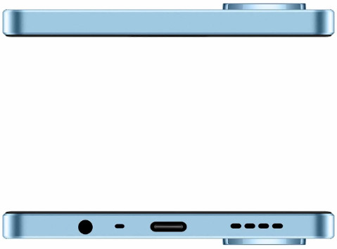 Dwa widoki z boku jasnoniebieskiego smartfona. Jeden pokazuje boczne przyciski, a drugi porty.