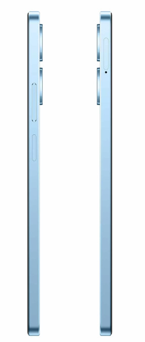 Dwa jasnoniebieskie telefony obok siebie, widok z boku z przyciskami głośności i aparatem.