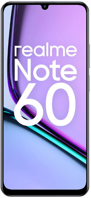 Czarny telefon pochylony w prawo, ekran wyświetla fioletowy gradient i tekst: realme Note 60.