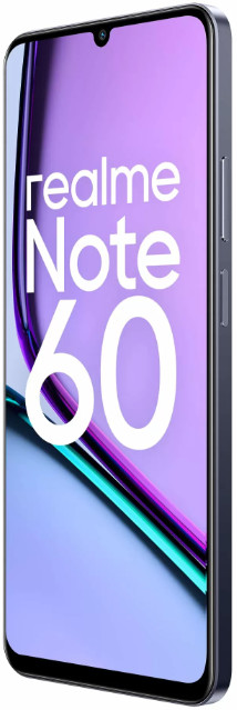 Smartfon Realme Note 60 z fioletowym ekranem i białym tekstem.