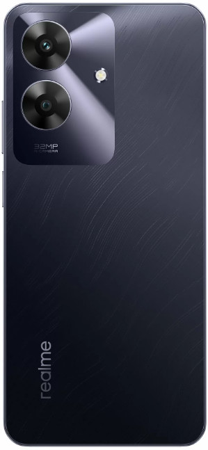Tył czarnego smartfona Realme z obiektywami aparatu i logo.