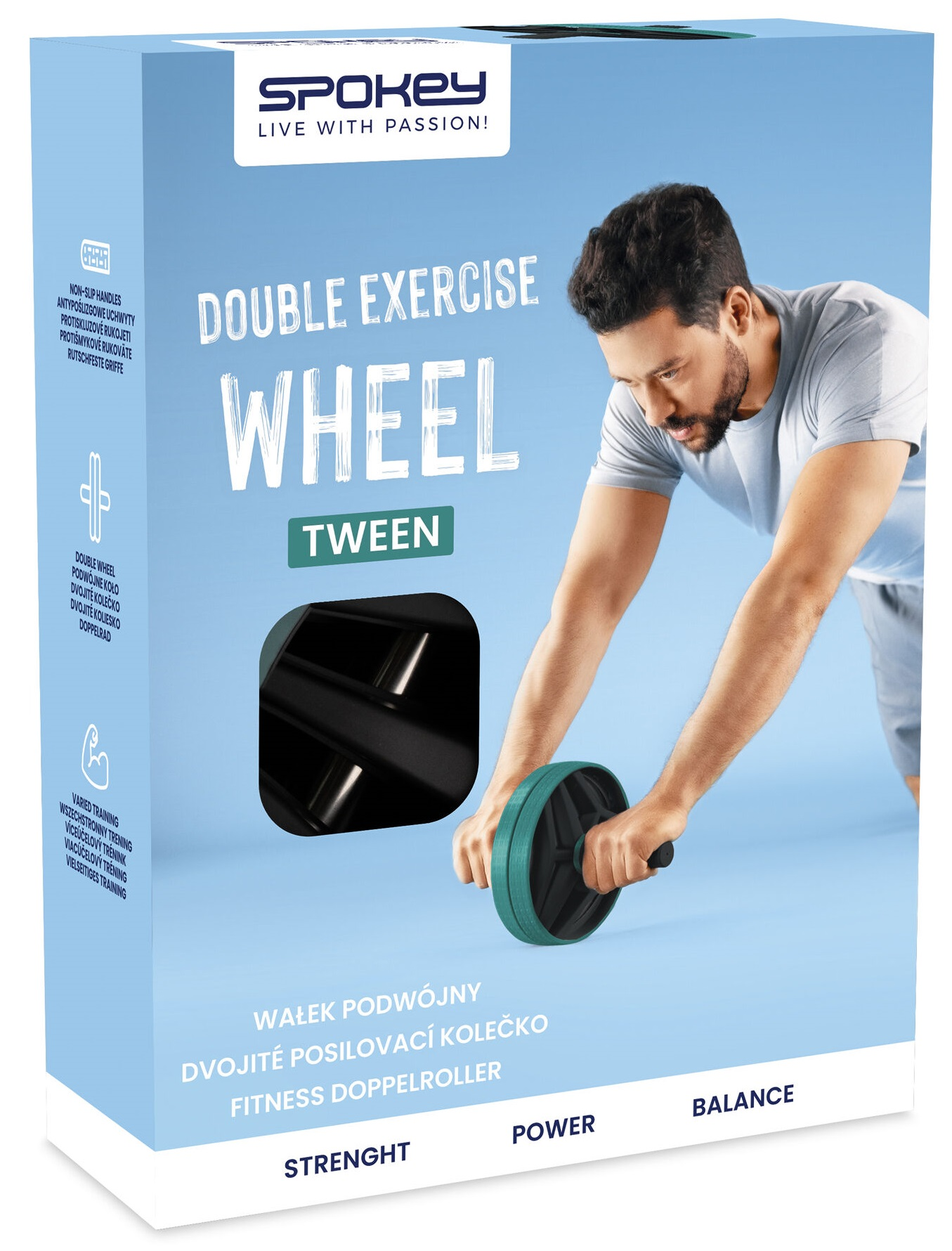 Mężczyzna używający podwójnego kółka do ćwiczeń. Pudełko z tekstem: Podwójne kółko do ćwiczeń.