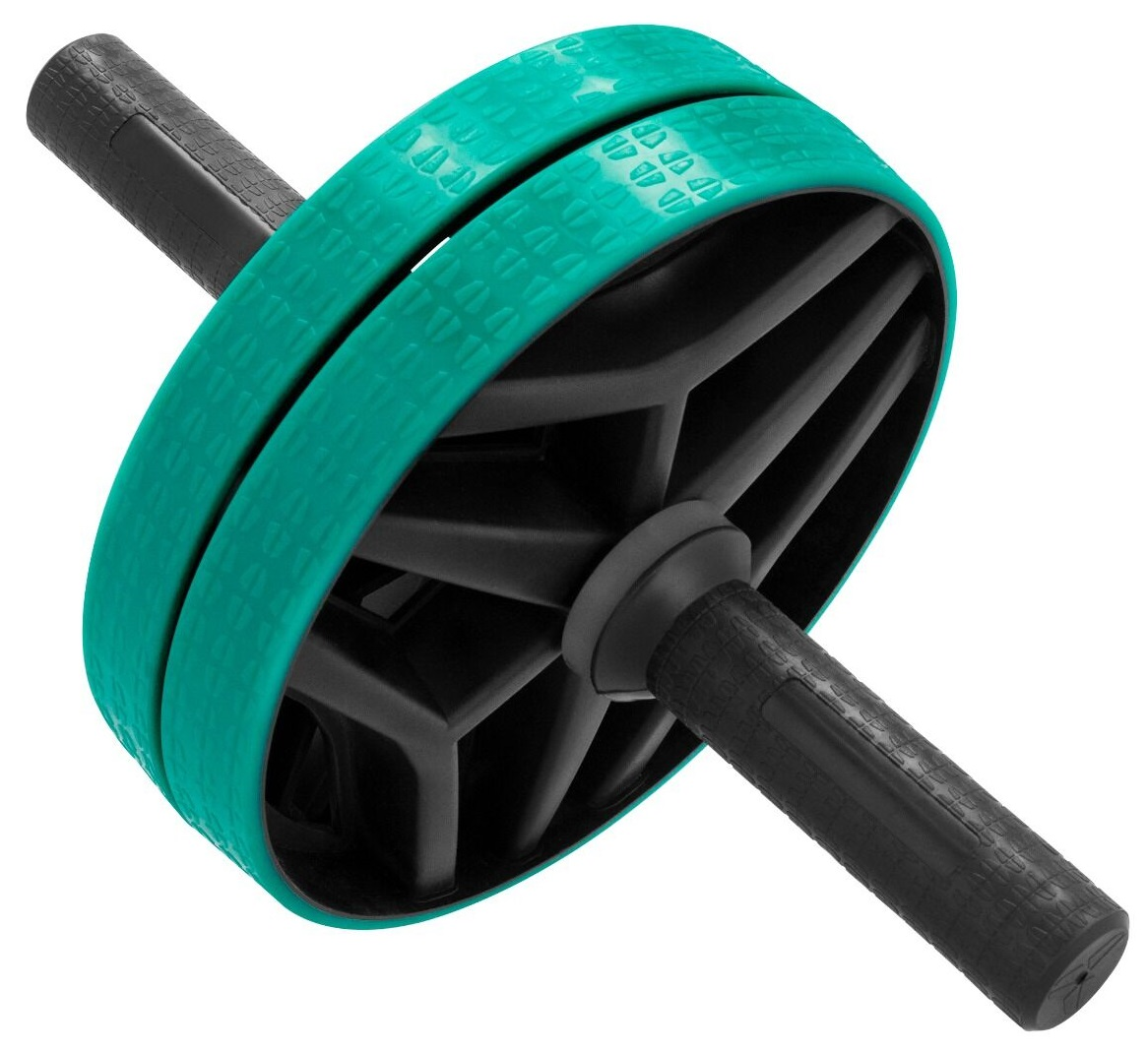 Rolka do ćwiczeń brzucha z czarnymi uchwytami i turkusowym kołem.