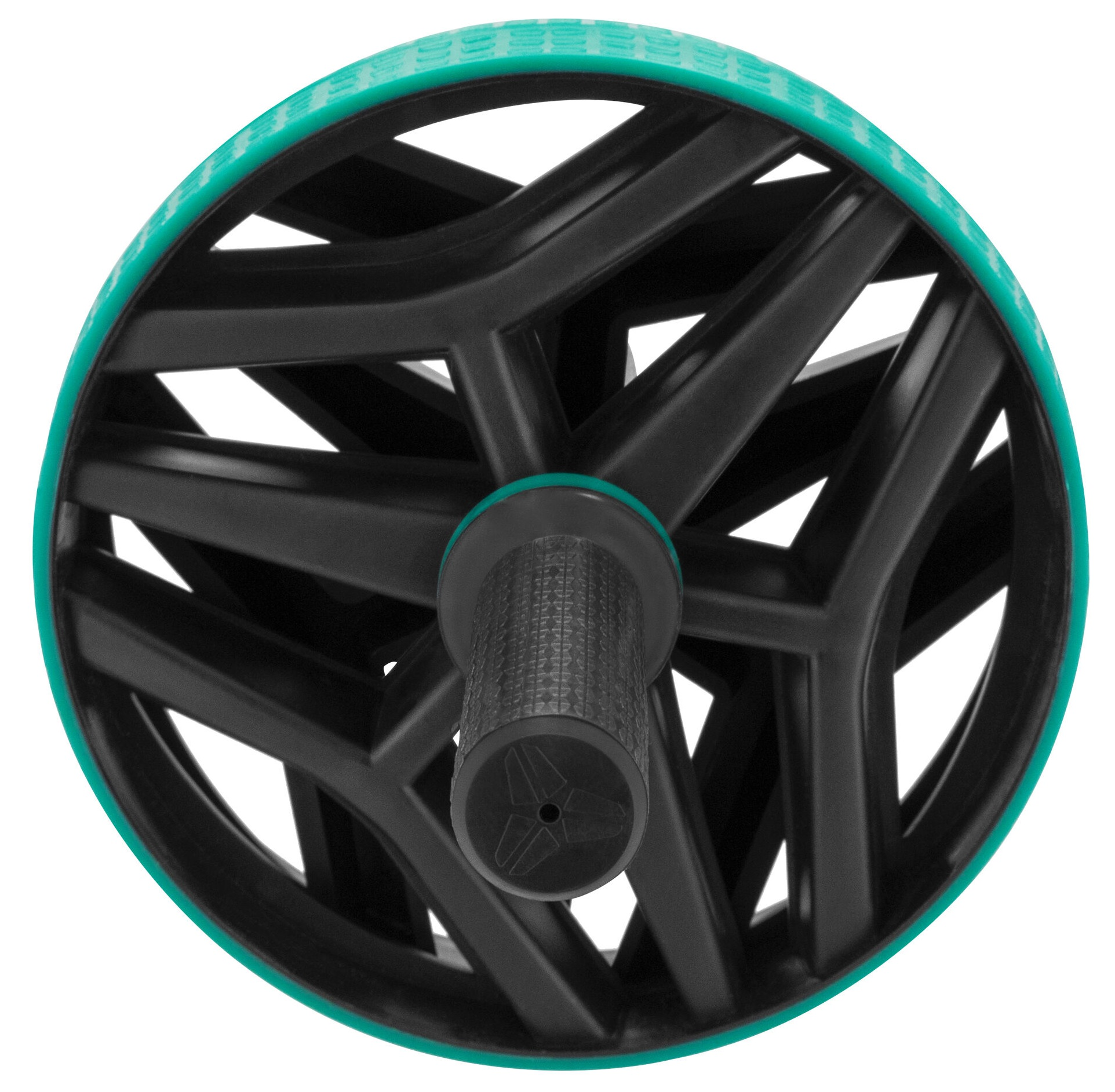 Czarno-zielone kółko do ćwiczeń, czarna rama o skomplikowanym wzorze i zielona gumowa obręcz.