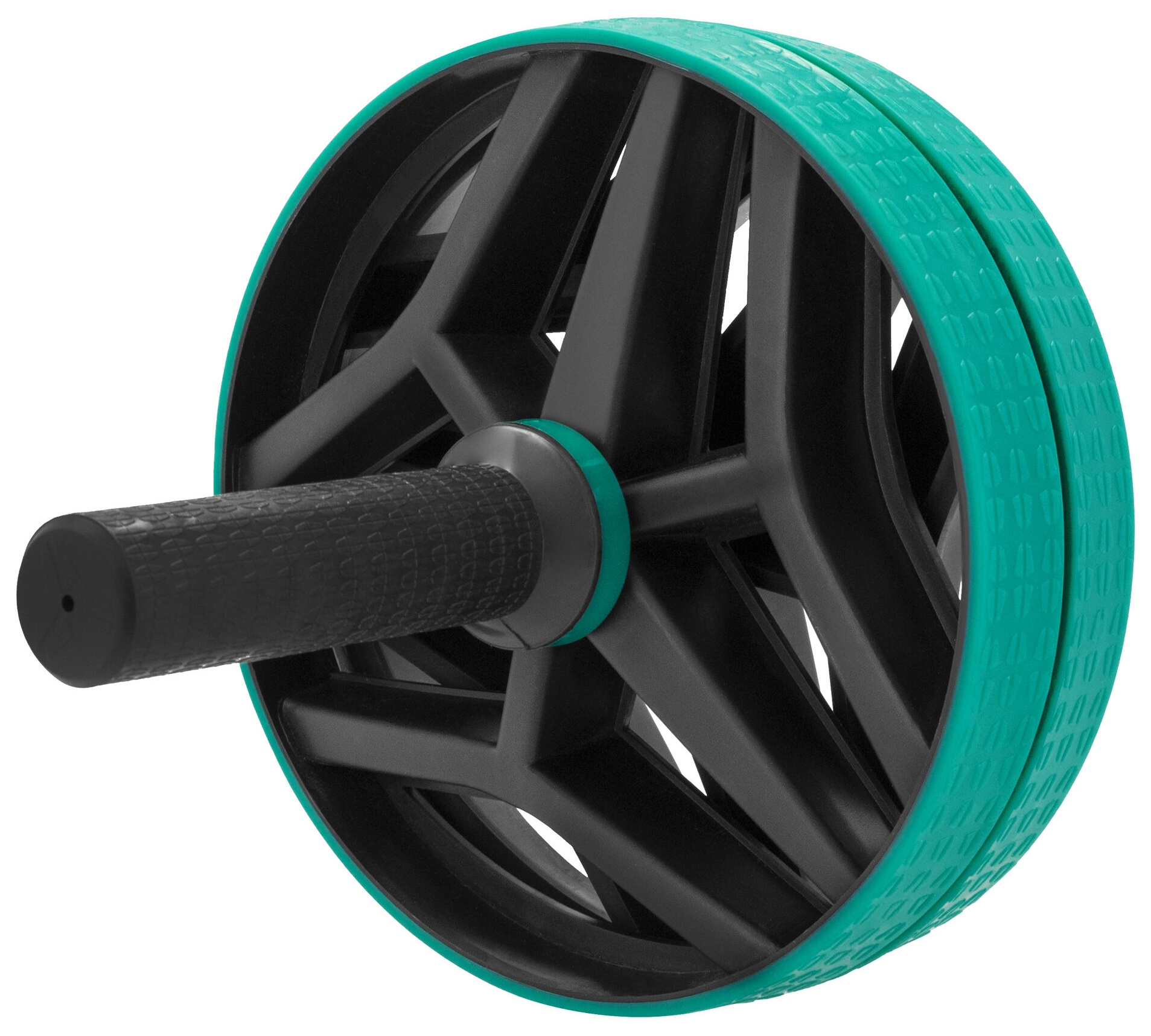 Koło do ćwiczeń z czarnymi i zielonymi elementami oraz uchwytem.