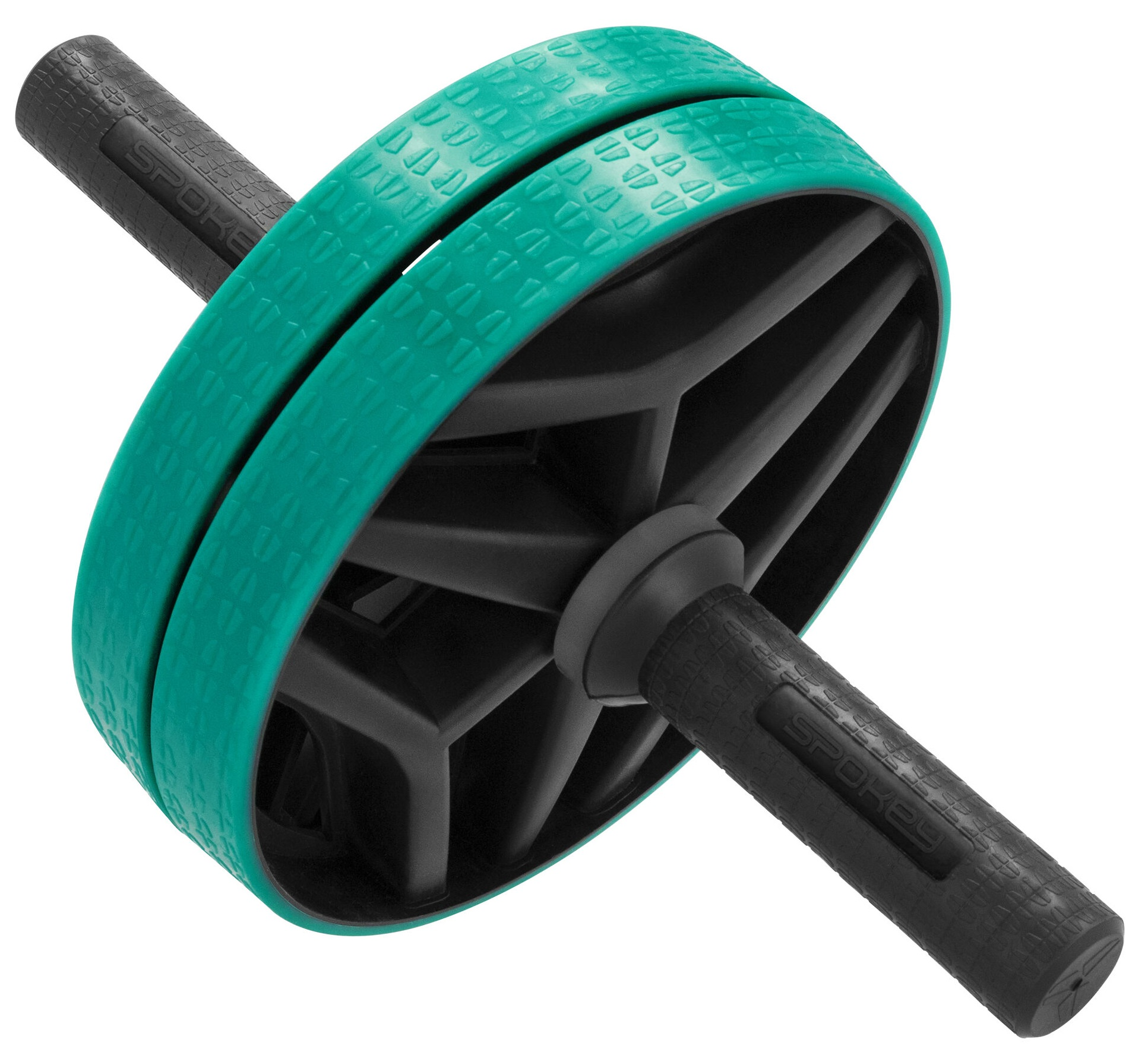 Koło do ćwiczeń z czarnym środkiem i zielonym pierścieniem zewnętrznym, z czarnymi uchwytami.