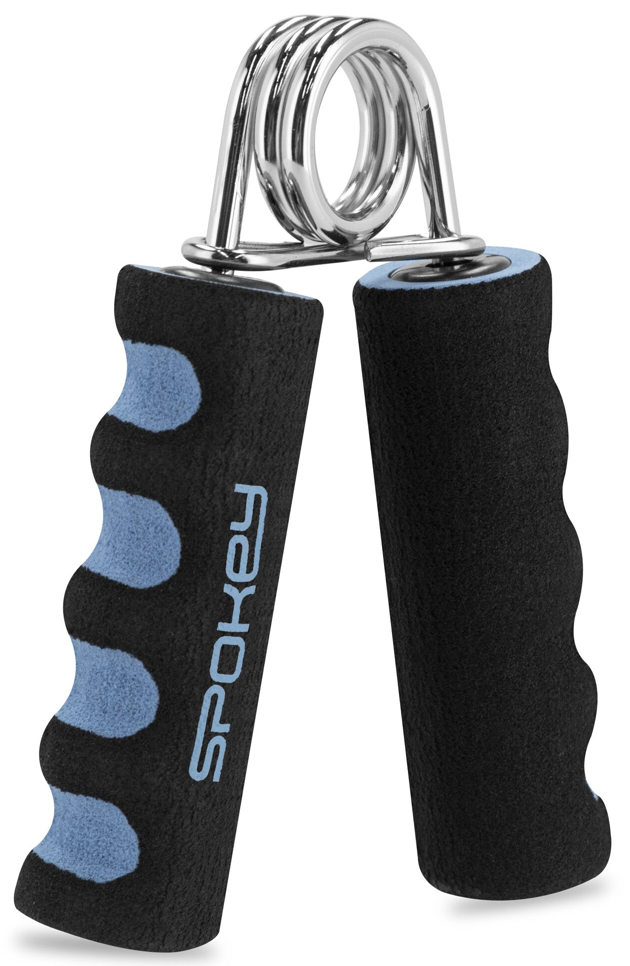 Uchwyt do ćwiczeń dłoni z czarno-niebieskimi uchwytami i srebrną metalową sprężyną.