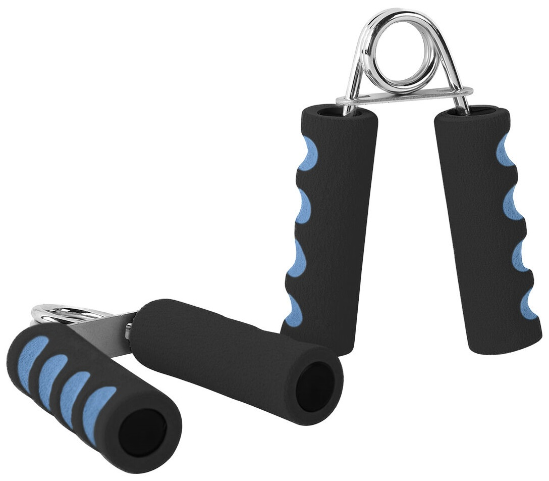 Dwa urządzenia do ćwiczeń chwytu z czarnymi i niebieskimi uchwytami. Urządzenia znajdują się na białym tle.