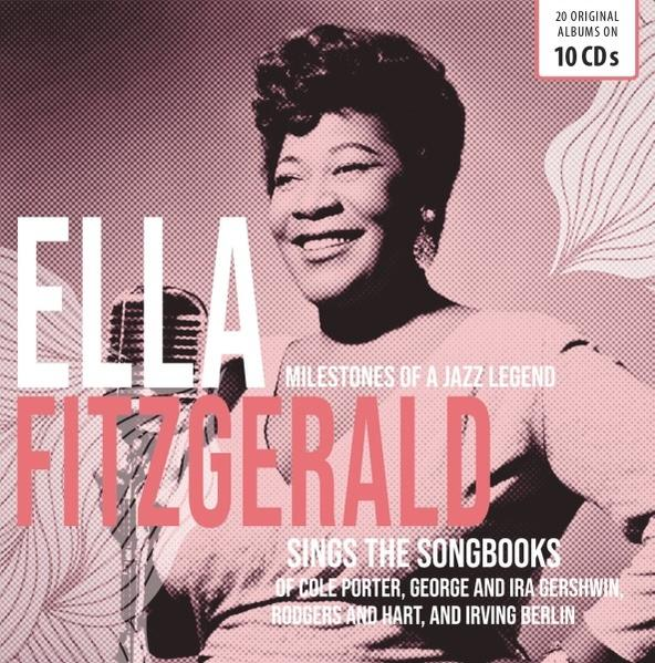 Albumcover: Ella Fitzgerald. Rosa und weißes Cover mit Foto von Ella und Text. 10 Originalalben auf CDs.