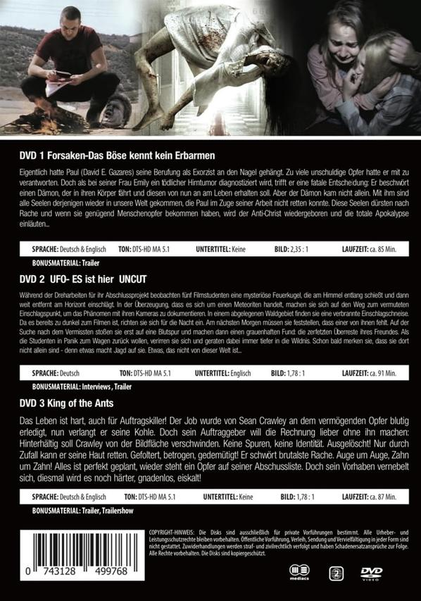 DVD-Hülle mit drei Filmcovern. Titel sind 'Forsaken', 'UFO' und 'King of the Ants', mit deutschem Text.