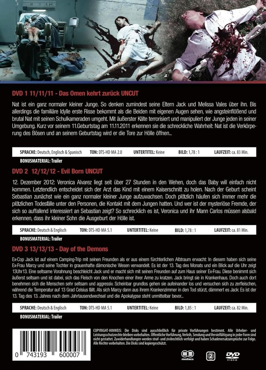 DVD-Hülle mit drei Filmcovern, Text in mehreren Sprachen. Die Cover sind Horror-Themen.