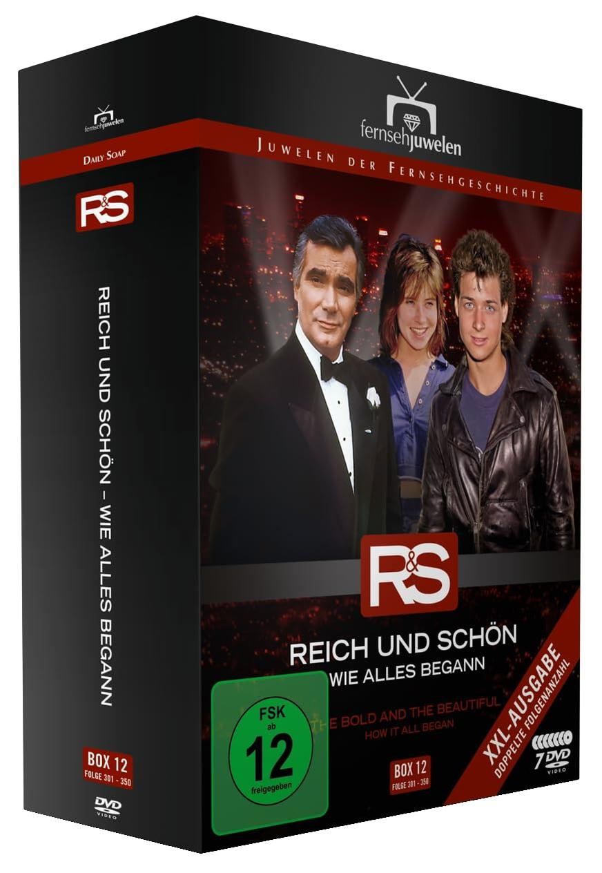 DVD-Box-Set der Fernsehserie mit drei Personen. Text sagt 'Reich und Schön'.