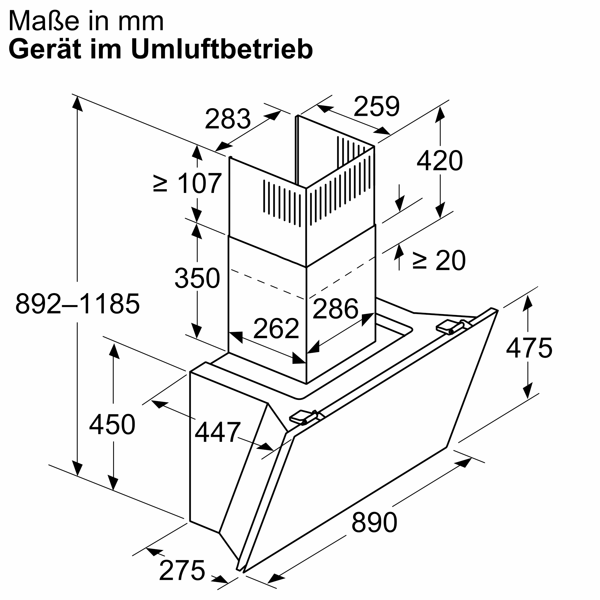 Diagramm einer Küchenhaube mit Maßen in mm. Enthält Messungen für Höhe, Breite und verschiedene Komponenten.