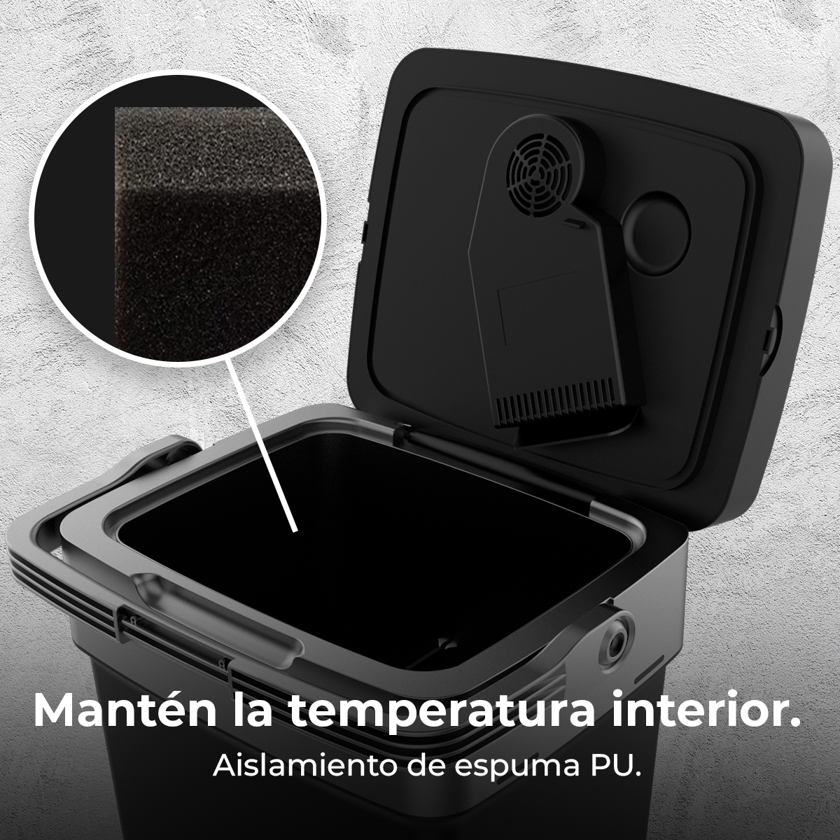 Contenedor de basura negro con tapa abierta, mostrando forro de espuma.