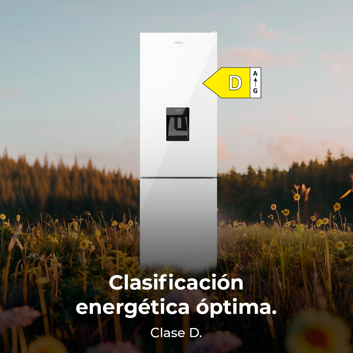 Refrigerador blanco con etiqueta energética. Texto: 'Clasificación energética óptima. Clase D'.
